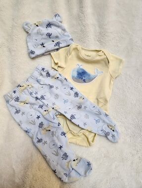 Sterling Baby Yellow Whale Baby One-Piece Set with Hat and Footed Pants